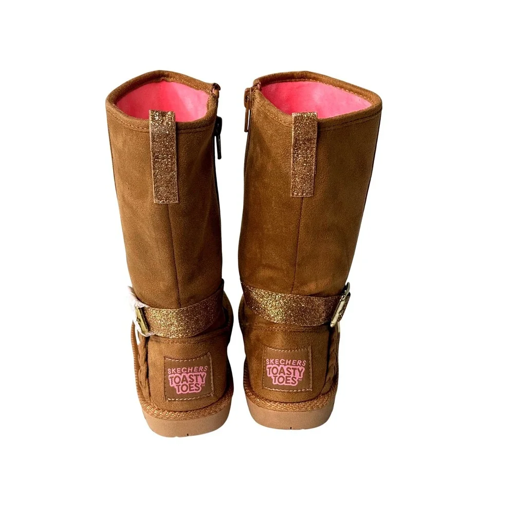Skechers Toasty Toes Kids Brown Faux Suede Glitter Buckle Boots Zip Up Sz 12